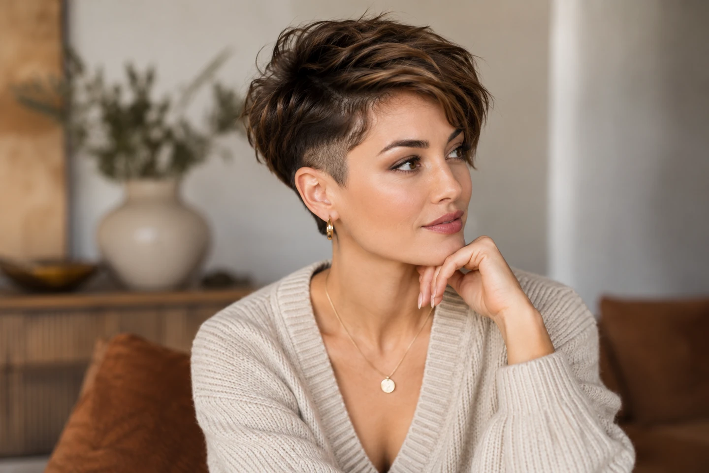 Adult woman with a long soft pixie top and a subtle low temple undercut