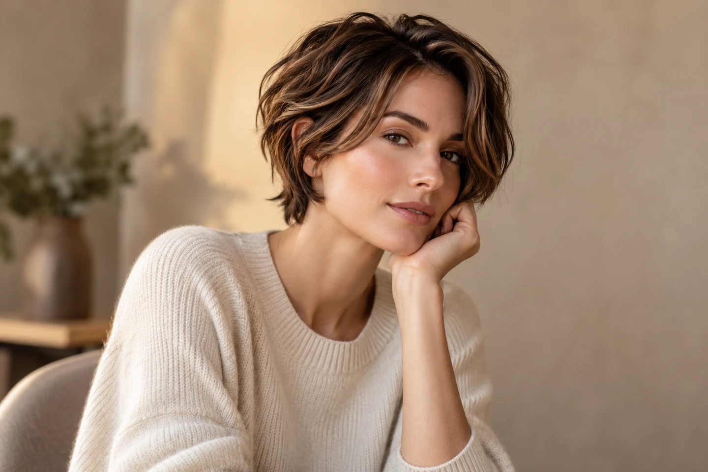 Adult woman with a longer bixie crop and soft layers around the ears