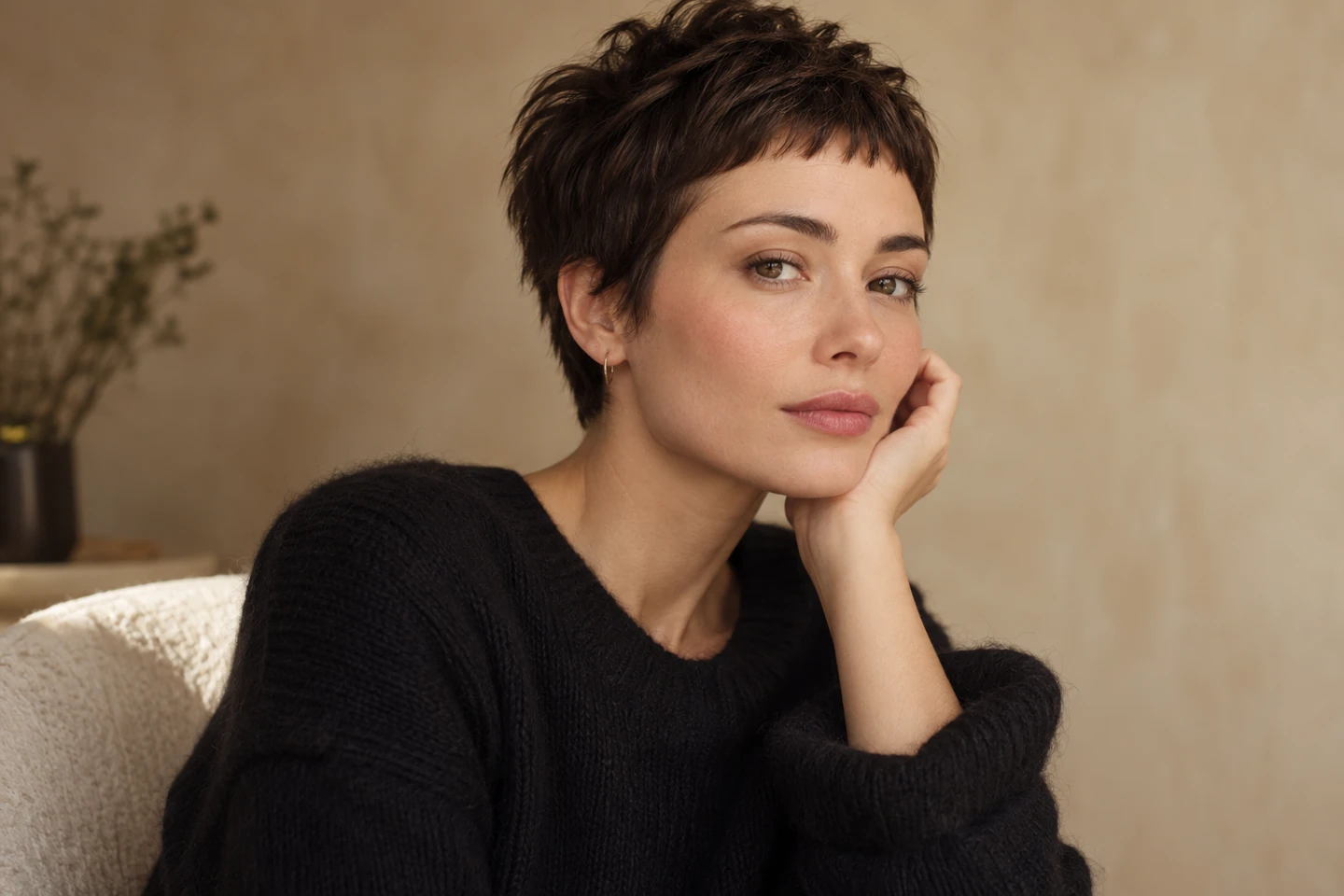 Adult woman with a softly textured pixie and a short delicate micro fringe