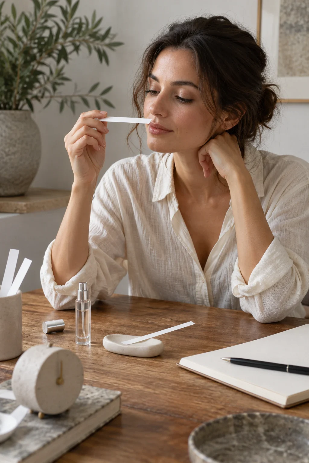 Woman sampling fragrance on a blotter beside a sample vial timer and notebook