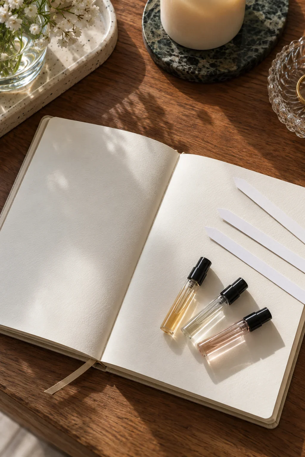 Open blank scent journal with three sample vials and separate testing strips