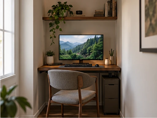 Wall-facing walnut gaming desk in a compact alcove with an unobstructed chair space