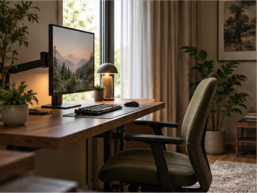 Gaming monitor positioned beside a curtained window with soft daylight and a desk lamp