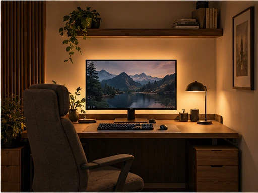 Warm diffused lighting behind a gaming monitor with a shaded desk lamp