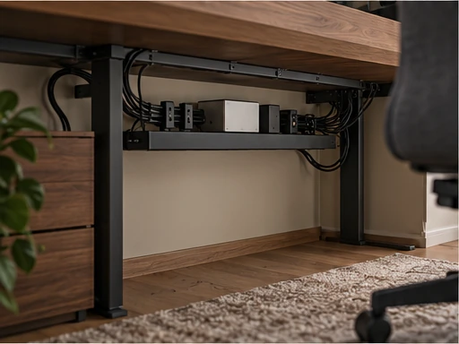 Accessible ventilated under-desk cable tray and grouped cables above a clear floor