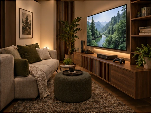 Compact console lounge with a small sofa, screen and practical low storage cabinet