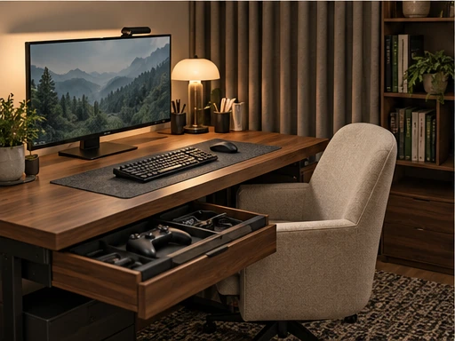 Gaming and home office desk with drawer organization, upholstered chair and soft curtains