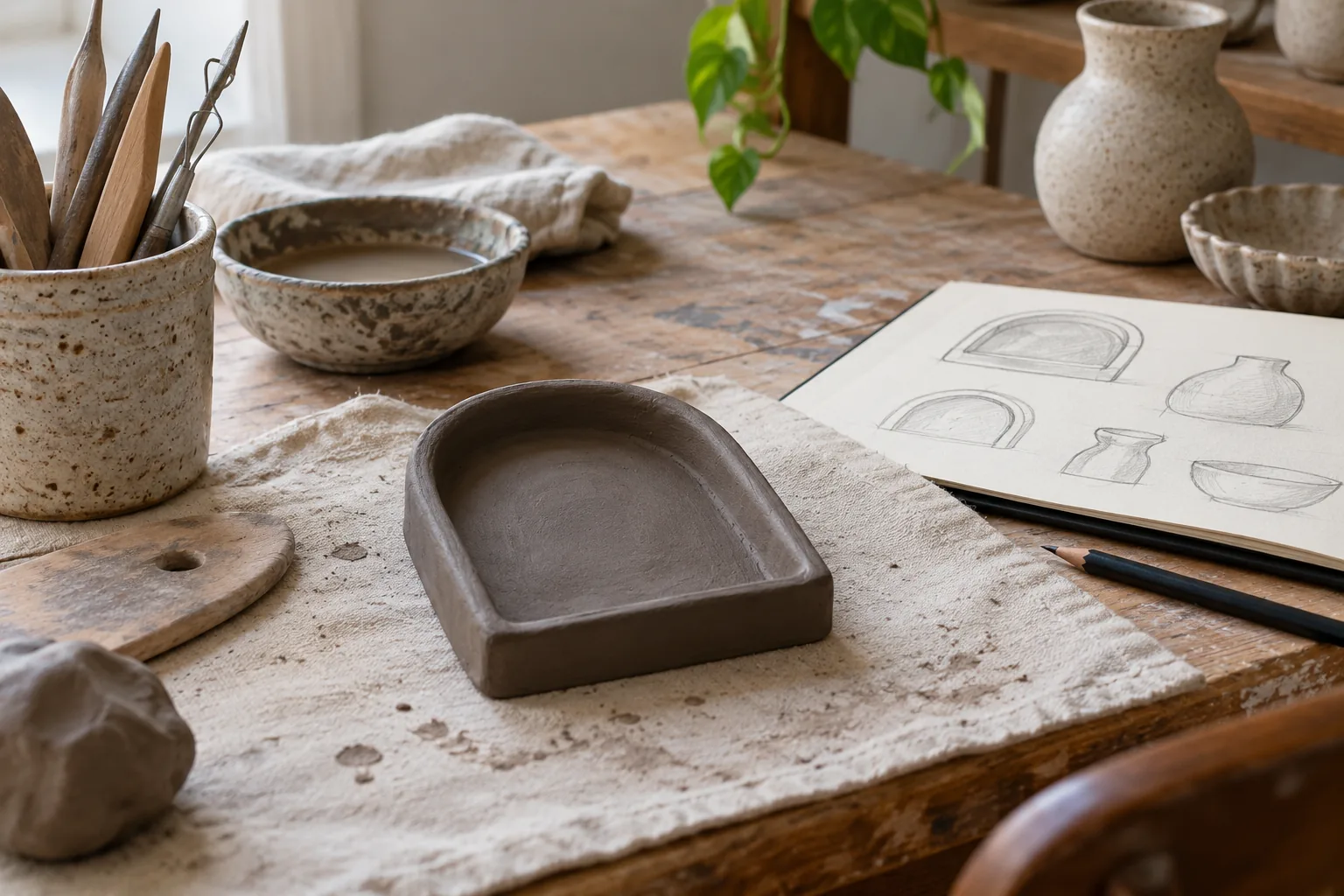 An unfired dark clay arched miniature trinket dish and simple sculptural pottery sketches on an artisan worktable, clay tools
