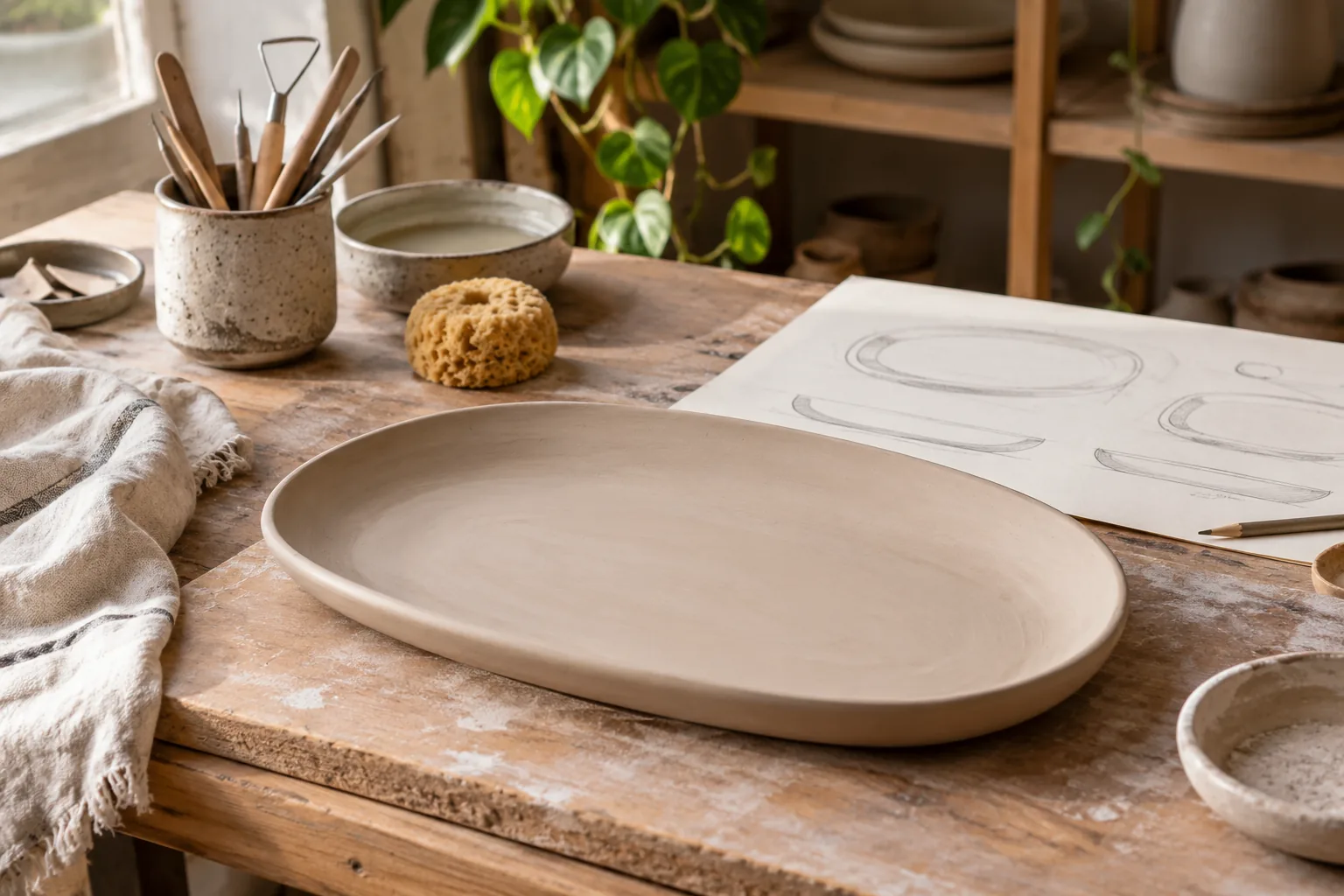 A potter's studio worktable with a softly oval unglazed clay platter, pencil sketches of platter silhouettes and sponge