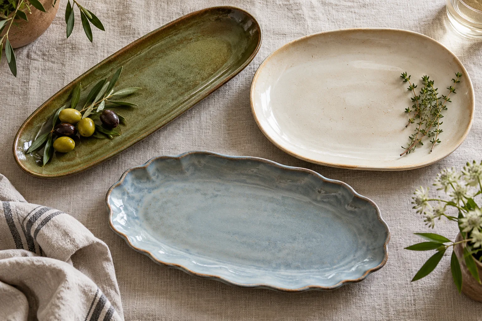 Three different handmade glazed ceramic platters: long narrow olive, rounded cream oval and soft blue scalloped tray, overhead on linen