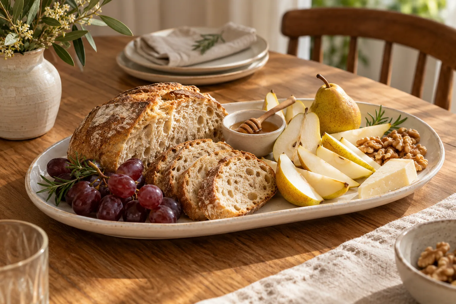 A single glazed ivory ceramic serving platter holding bread and sliced fruit at a warm daylight dining table, naturally finished food serving ware