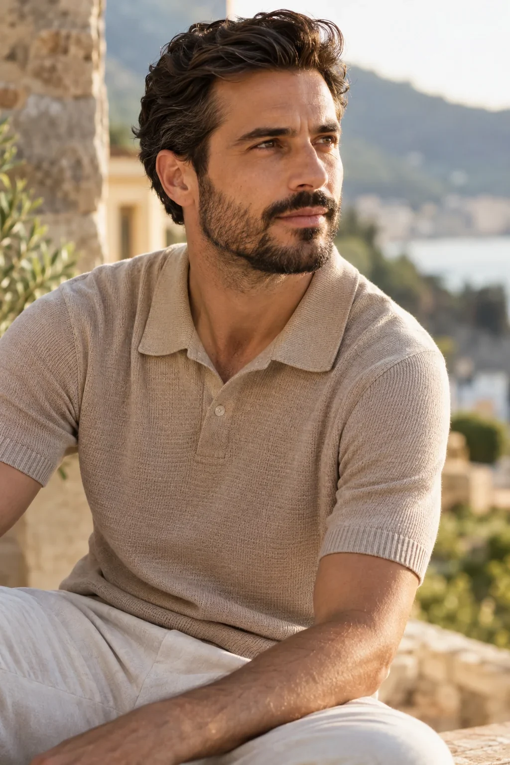 Swept-back hair and a tidy connected beard with a soft cheek outline