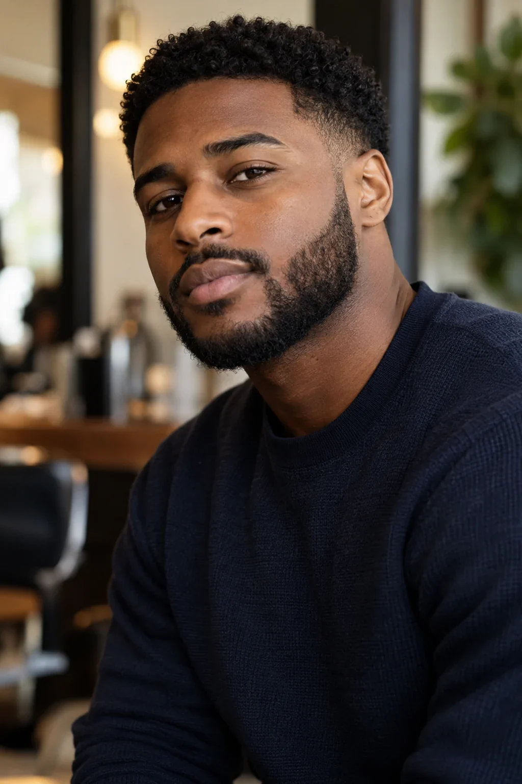 Curly crop with a short rounded beard and blended sideburn