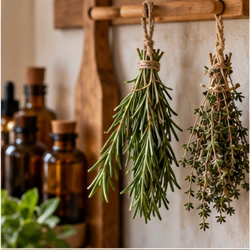 Add a modest bundle of dried herbs beside the bottles