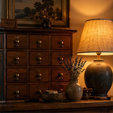 Warm the display with wood and soft lighting