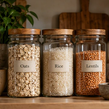 Build a labeled pantry row for ingredients you use every week