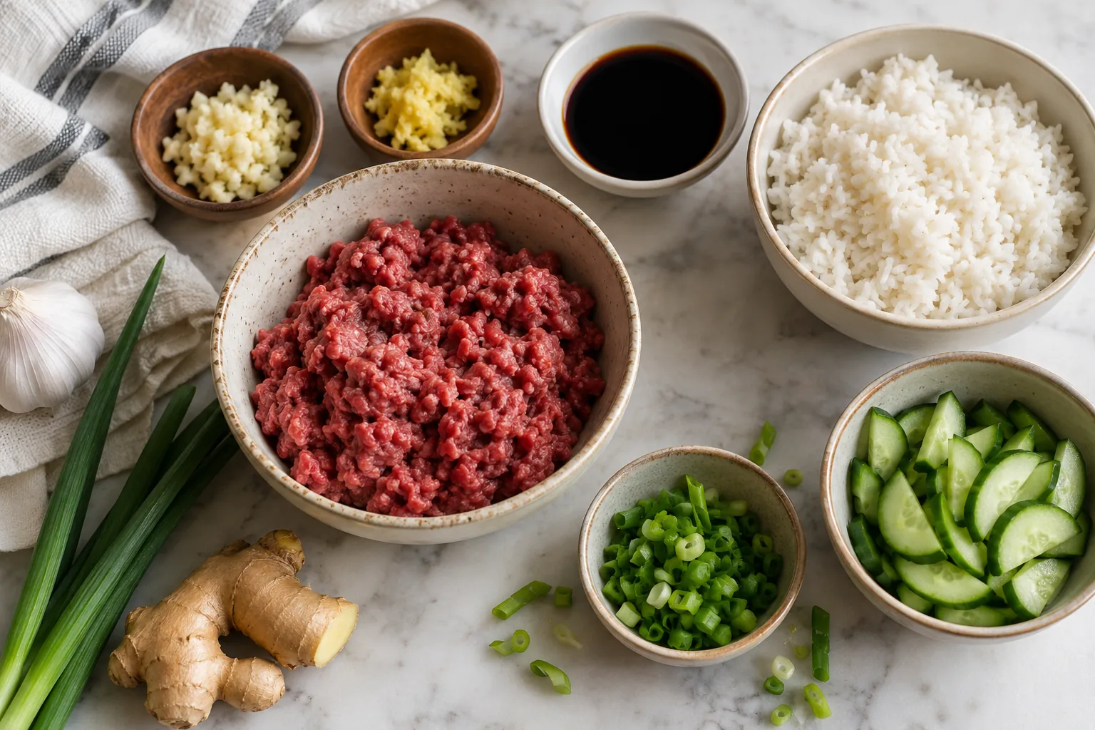 Recipe ingredients overhead: small separate bowls of raw ground beef, garlic, ginger, soy sauce, cooked rice, cucumber and scallions, clean kitchen prep scene