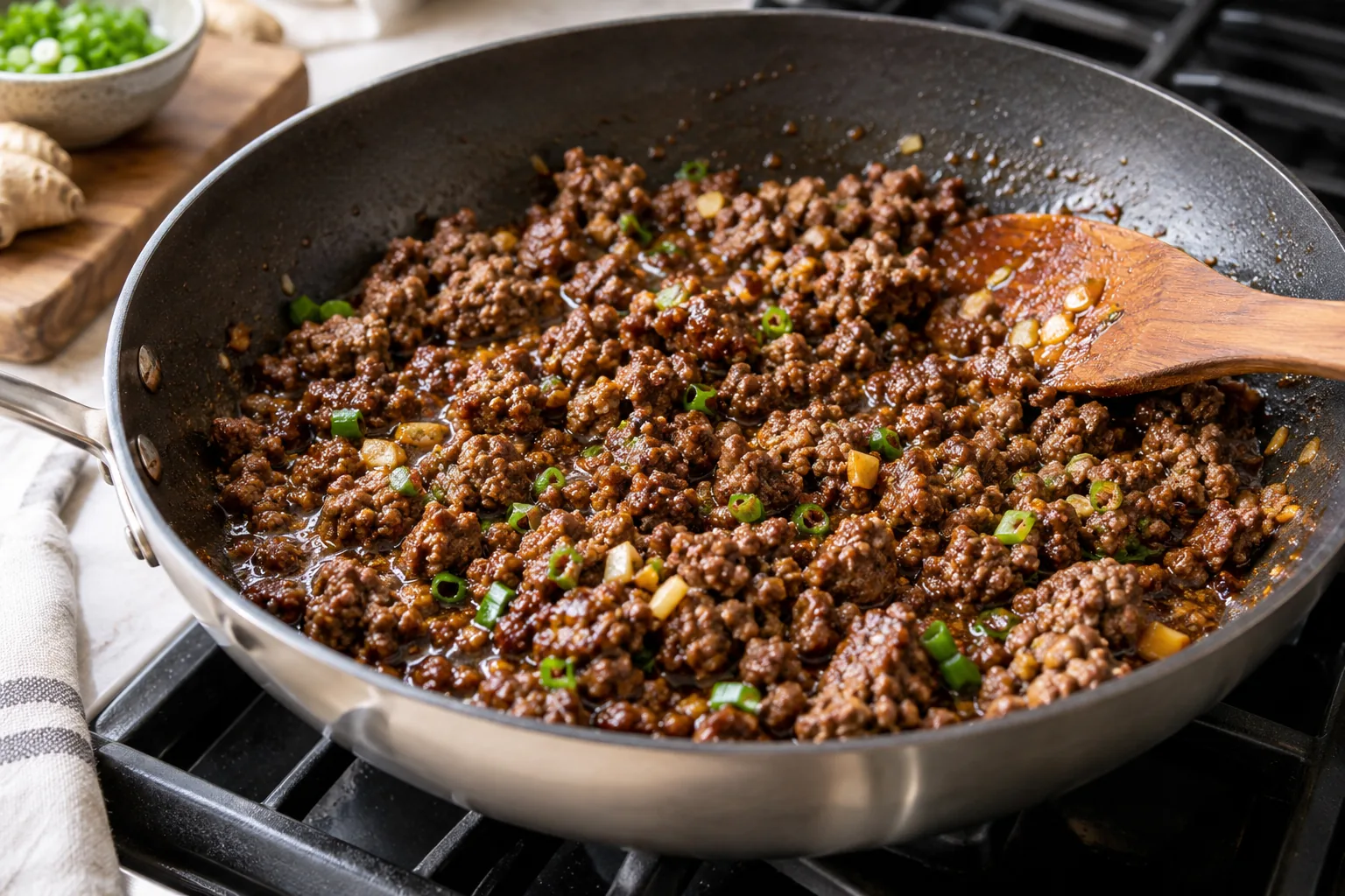 Cooked crumbled ground beef with a glossy garlic ginger sauce in a skillet, wooden spatula at side, stovetop cooking scene