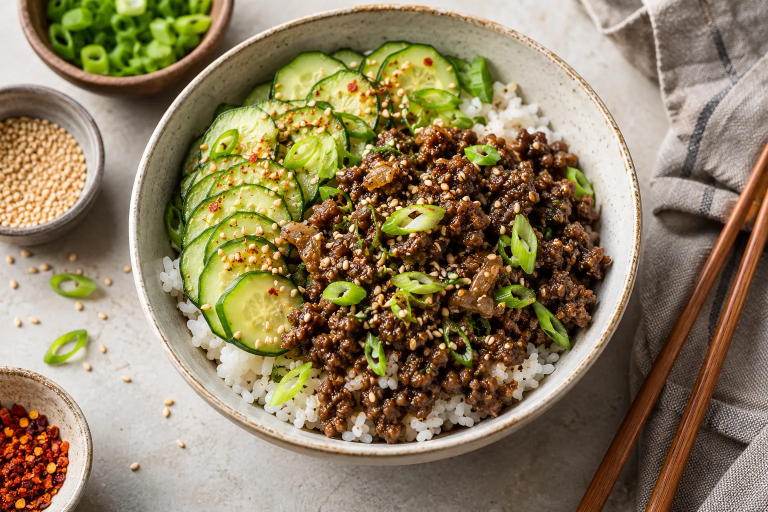 A Korean-inspired cooked ground beef rice bowl with fresh cucumber slices, scallions and sesame seeds, appetizing natural daylight, overhead