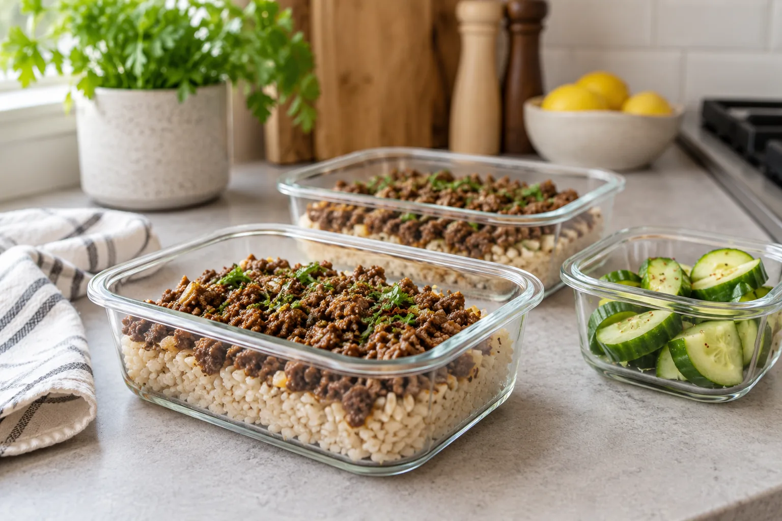 Two shallow food storage containers with cooked ground beef and rice and a separate small cucumber container, clean kitchen counter