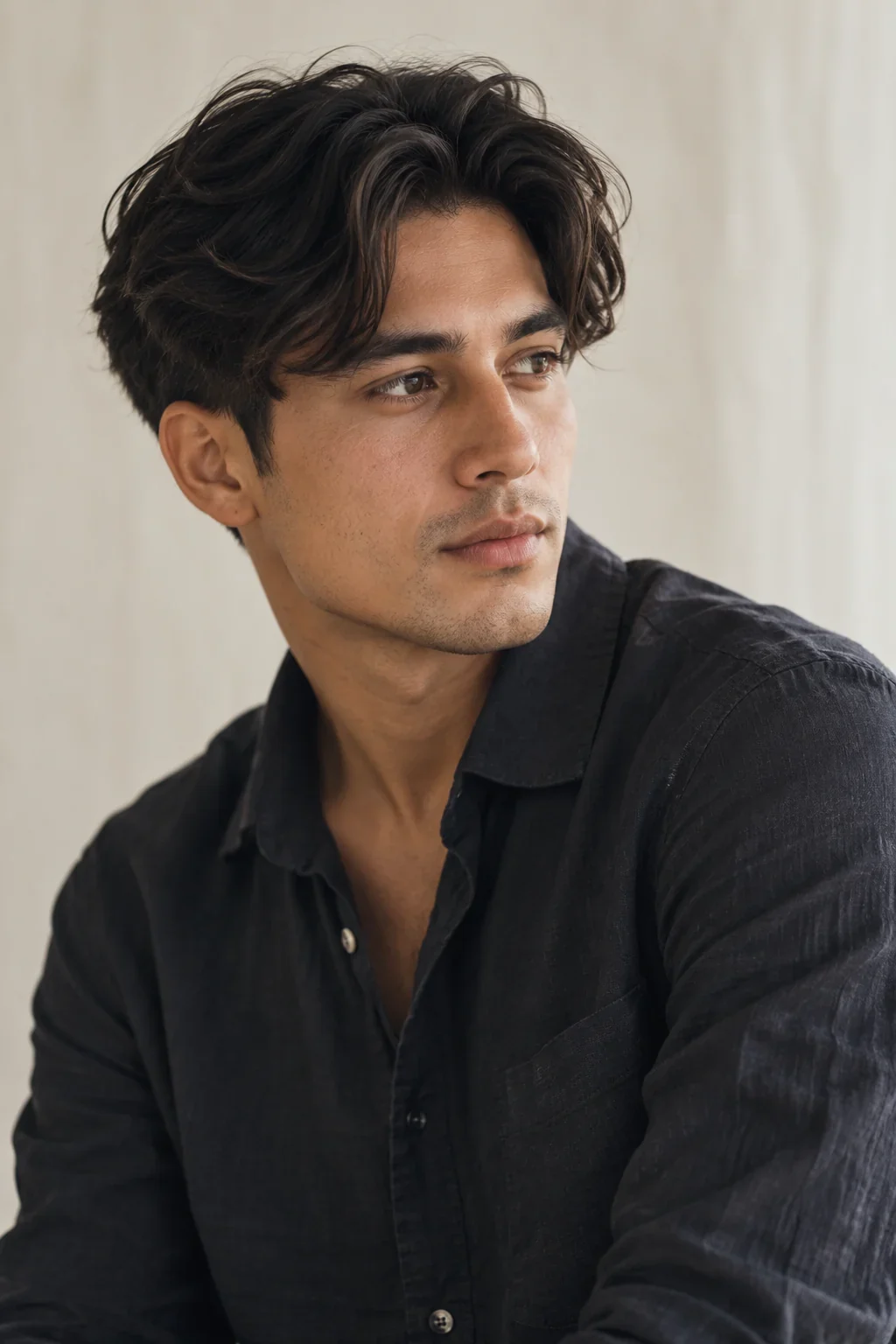 Wavy two-block haircut with a soft middle part