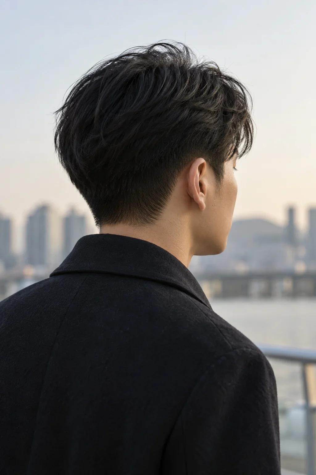 Rear three-quarter view showing rounded top and short nape of a two-block haircut