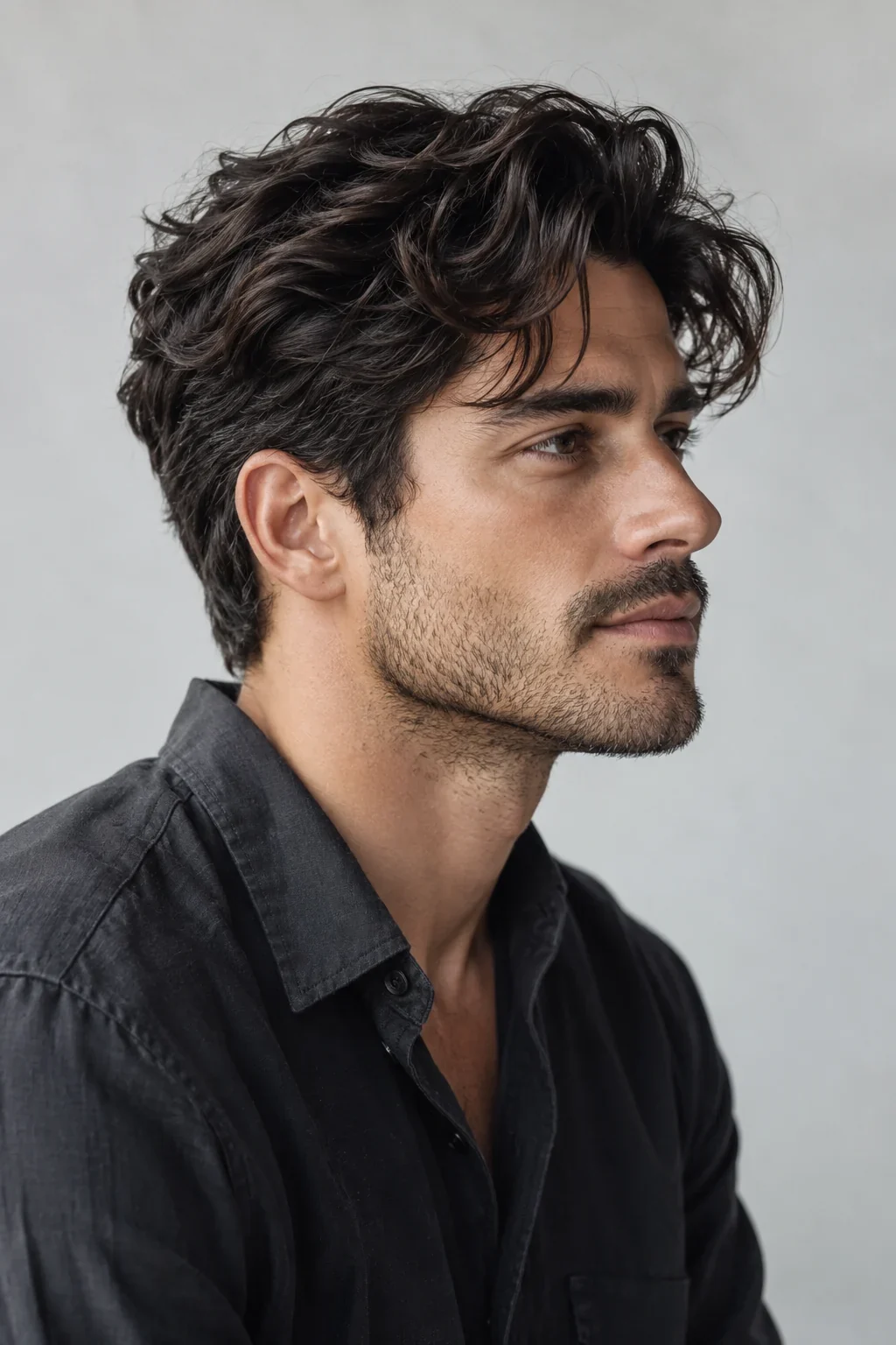 Side profile of a loose wavy fringe and soft taper