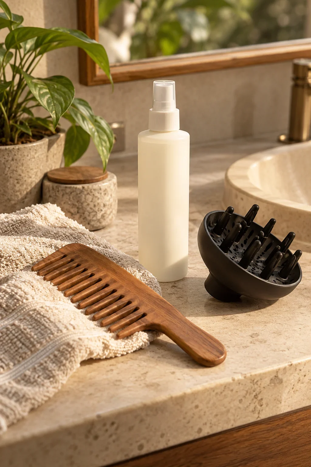 Wide-tooth comb spray bottle towel and diffuser attachment on a bathroom counter