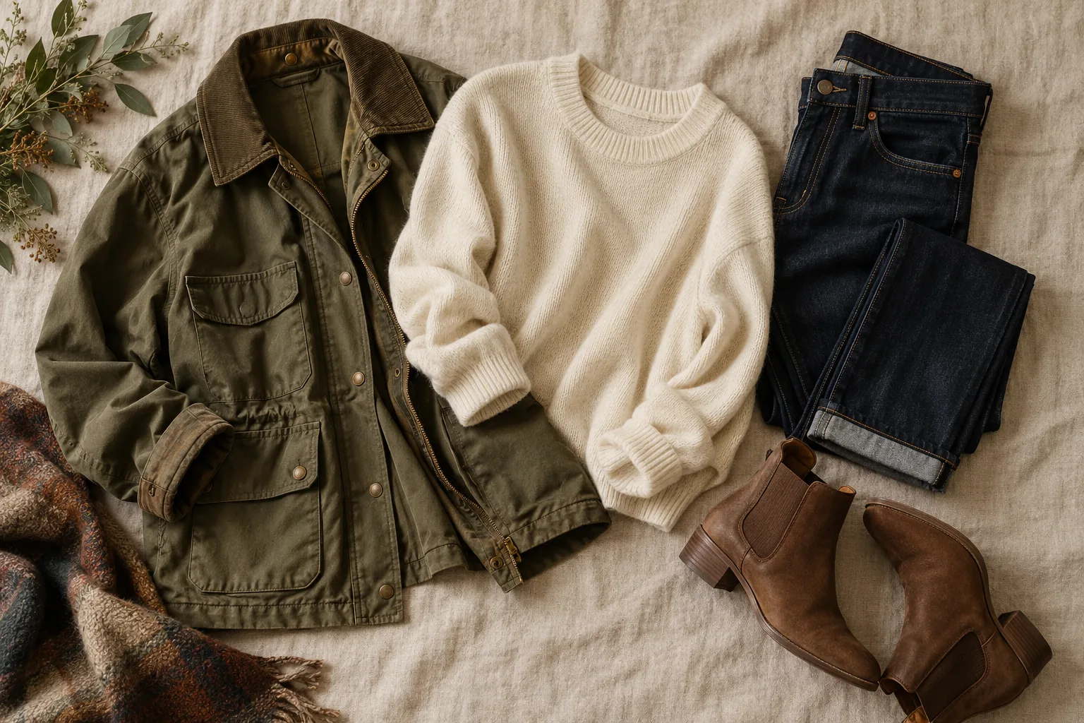 Flat lay of an olive field jacket, thin cream knit, dark straight jeans and ankle boots on a linen surface, autumn layers