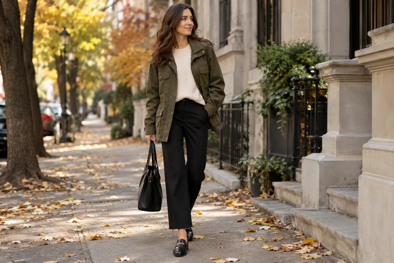 Full length editorial photograph of an adult woman in an olive military field jacket over a cream sweater and black straight trousers with loafers, autumn street