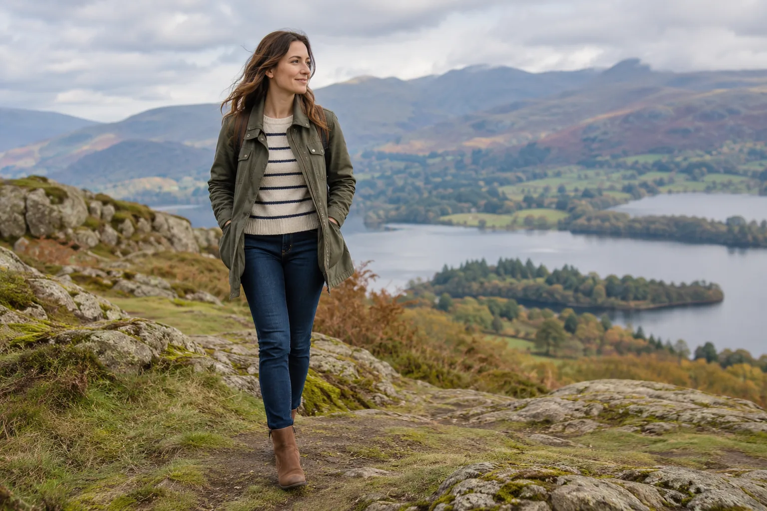 Adult woman wearing a lightweight olive field jacket over a fine striped knit with dark jeans and comfortable brown ankle boots, practical autumn walking outfit