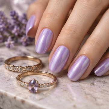 Finish with a pearly lilac look that photographs well with rings