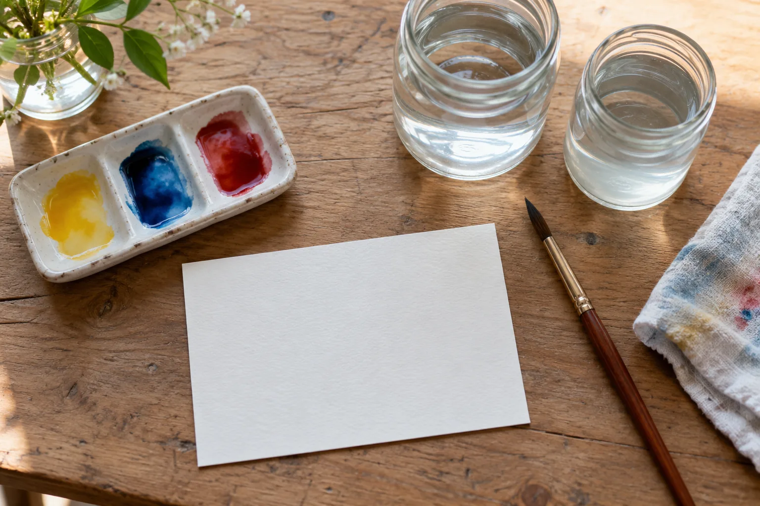 A small beginner watercolor station with blank postcard-size watercolor paper, three-color palette, round brush and two clear water jars, overhead natural daylight