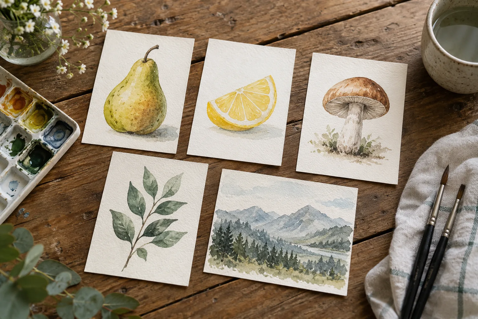 Five separate small beginner watercolor paintings of a pear, lemon slice, mushroom, leaf sprig and mountain ridge, natural paper grain, arranged on wood