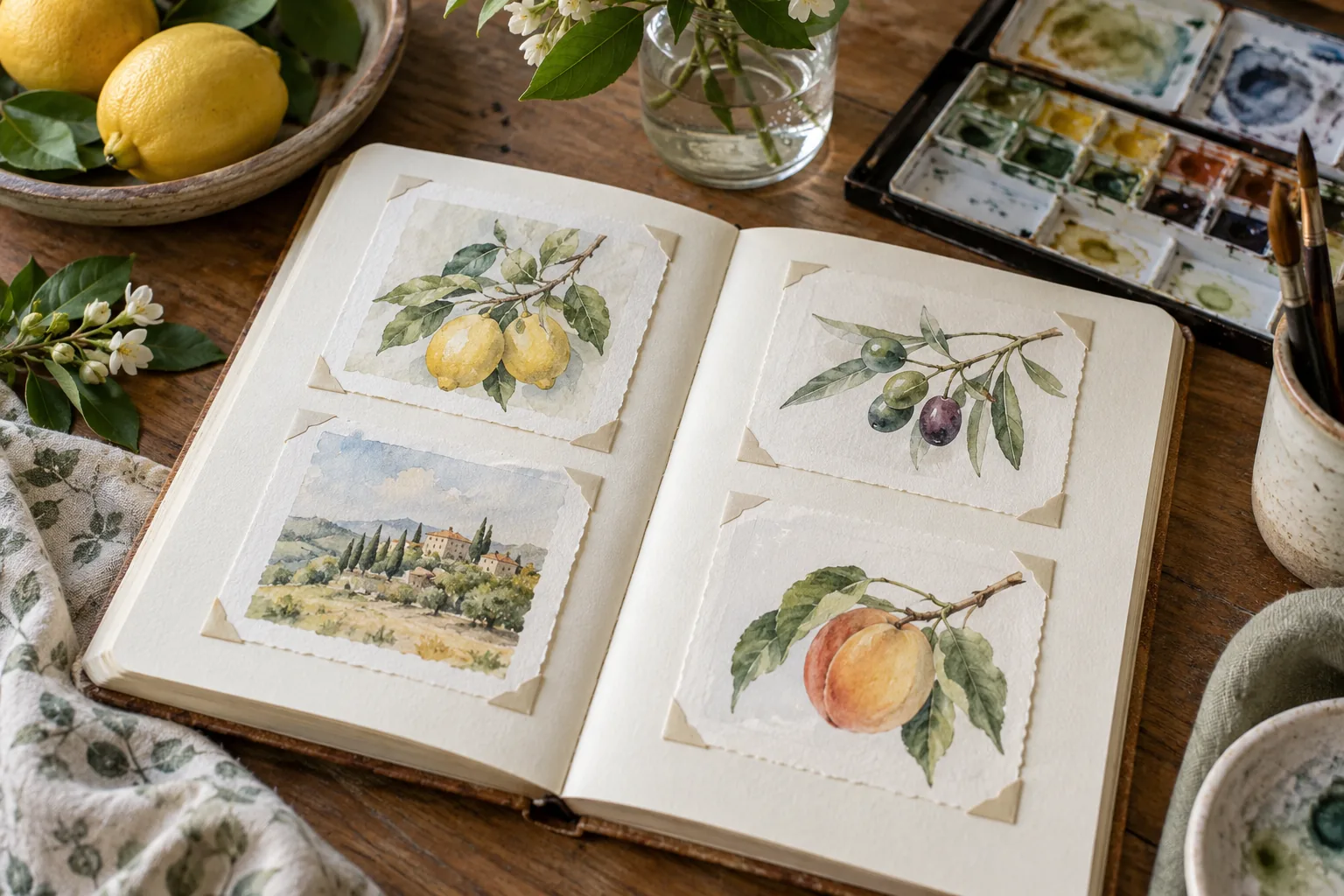 Several fully dry small original watercolor studies mounted with photo corners inside a cream journal, pale fruit and leaves, art desk daylight