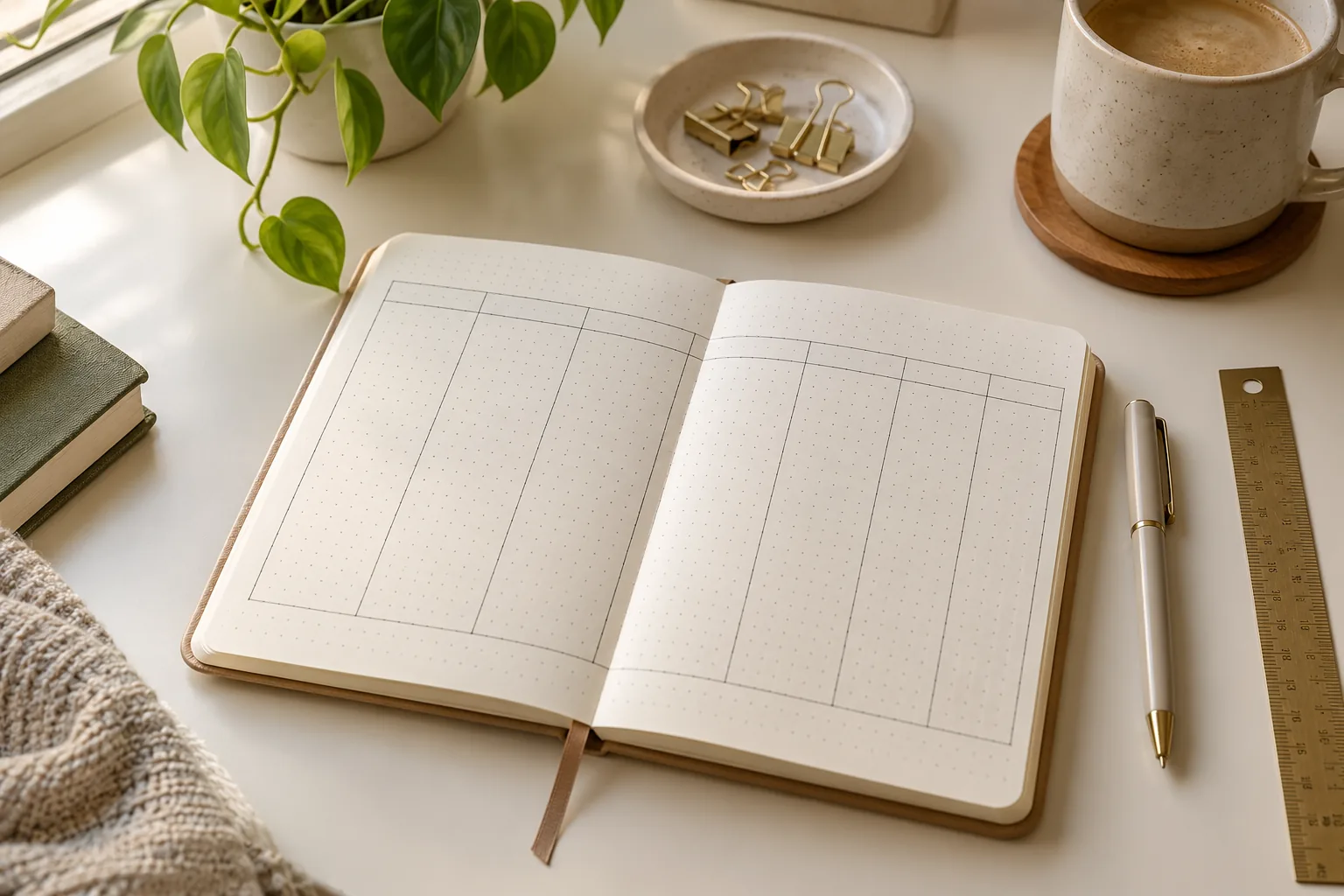 A simple dotted notebook open to an unfilled weekly tracker grid beside one pen and ruler, calm cream writing desk