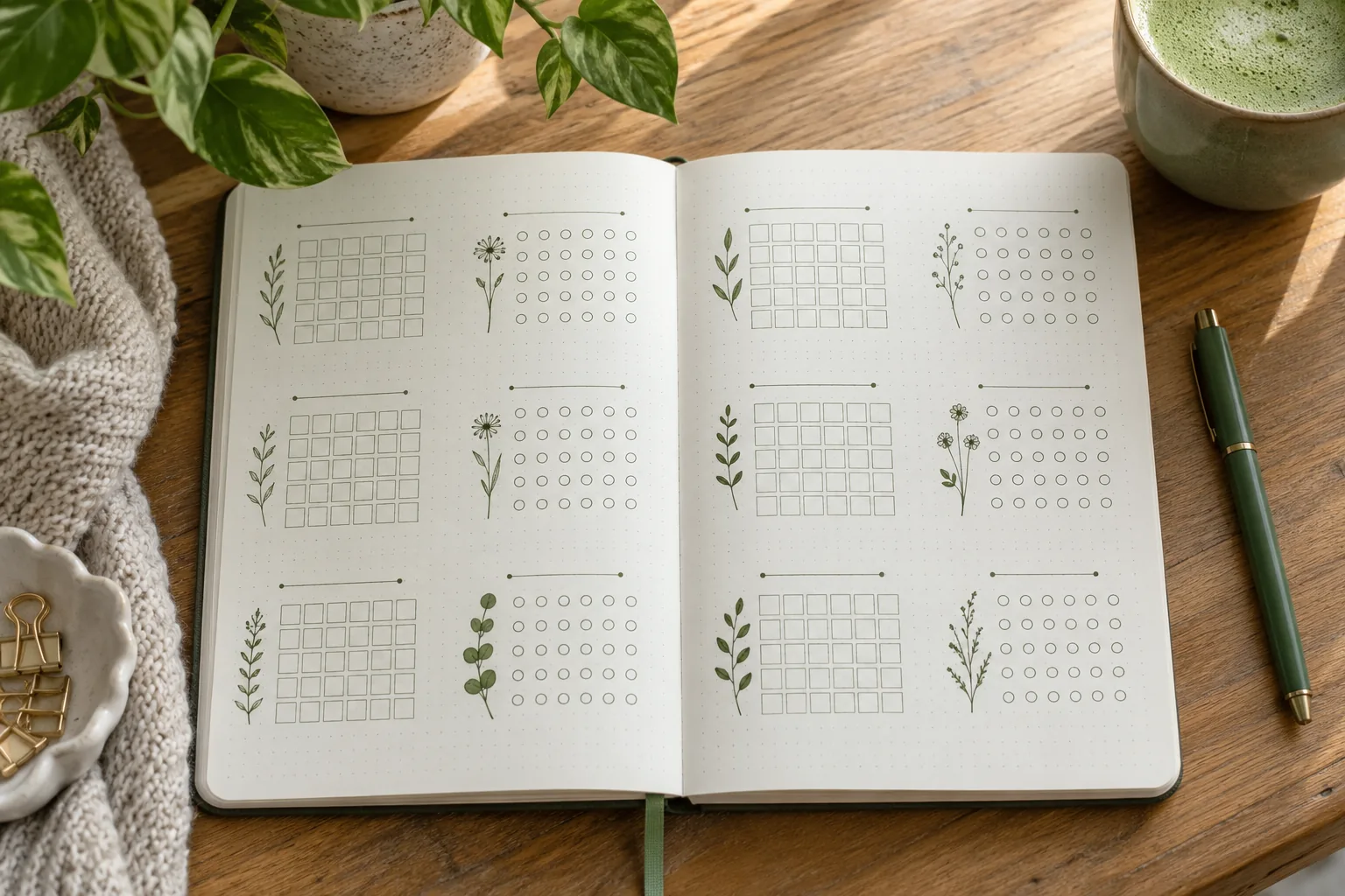 A dotted notebook featuring twelve different minimal tiny tracker grids arranged in a coherent two-page spread, visible blank squares and circles, subtle sage ink