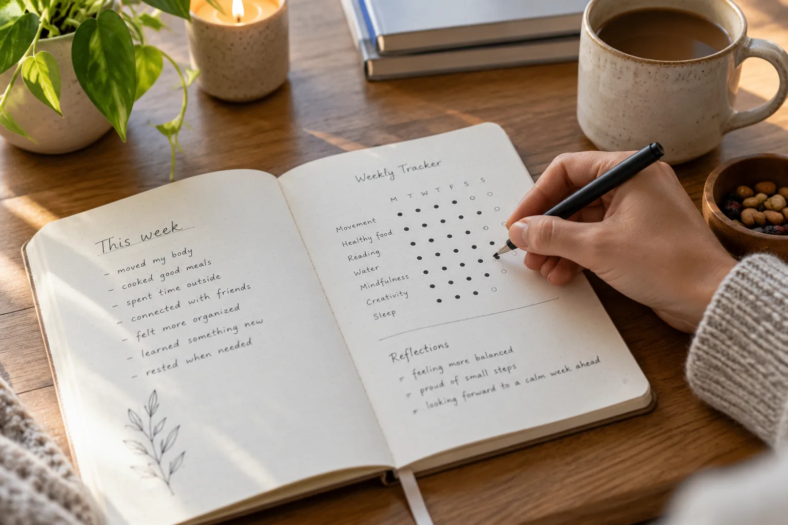 A naturally realistic adult hand adding a single dot to a small completed weekly notebook tracker, another simple reflection page with short abstract handwritten marks, cozy desk