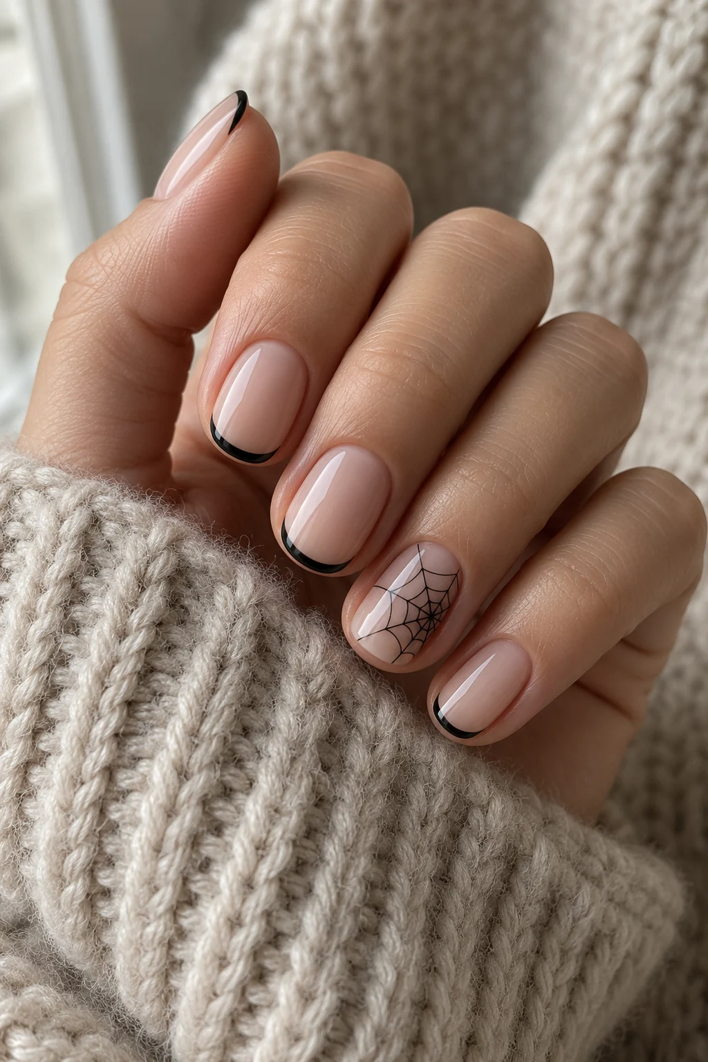 Fine black web accent and black micro French tips on nude nails