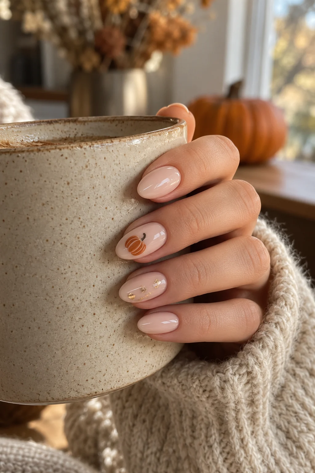 Nude manicure with a small orange pumpkin and a gold fleck