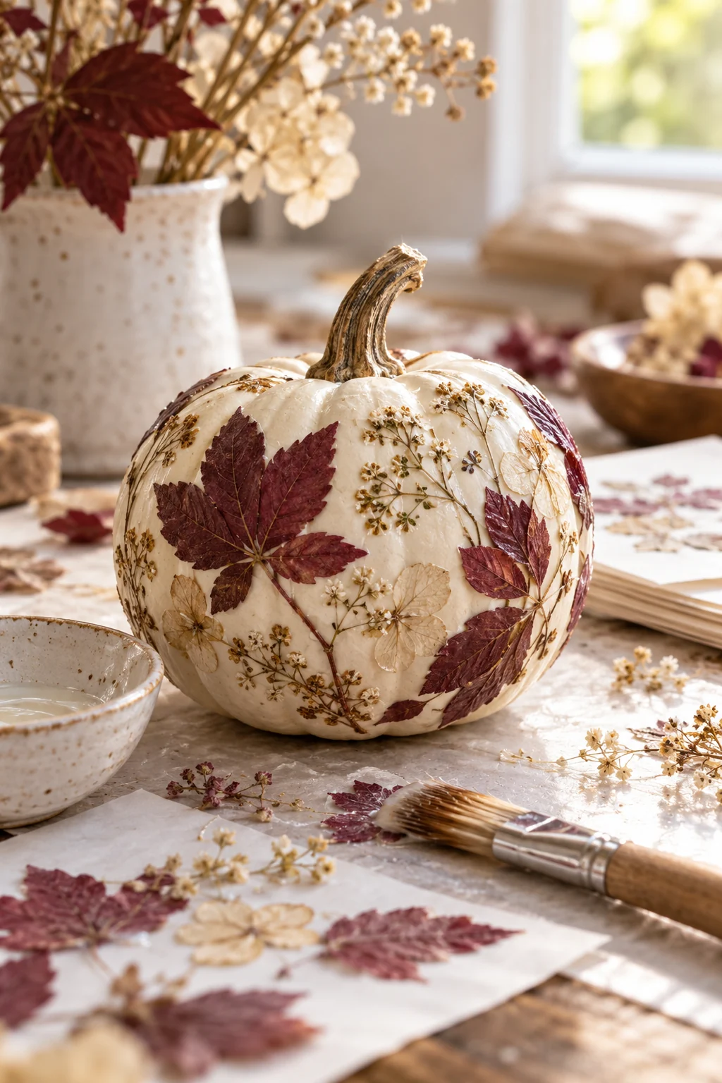 Cream pumpkin decorated with pressed autumn leaves and flowers