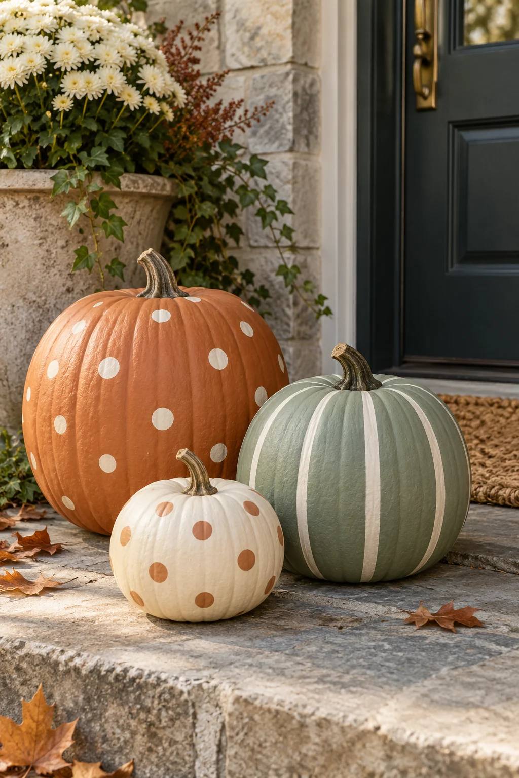 Terracotta sage and cream pumpkins with dots and stripes