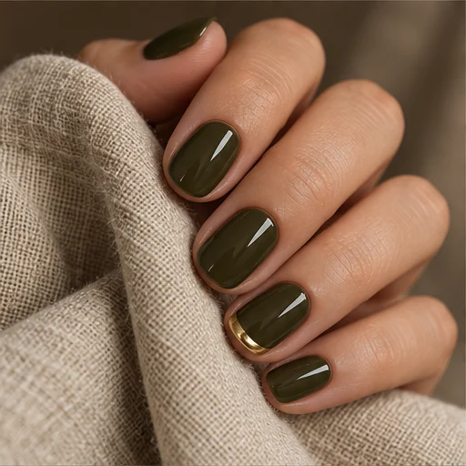 Short olive green nails with a fine gold accent on one tip