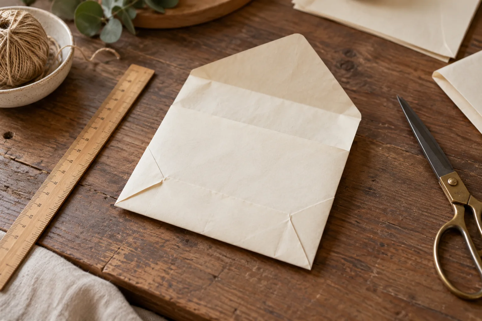 A partially folded cream paper envelope bag showing folded seams on a crafting table beside ruler and scissors