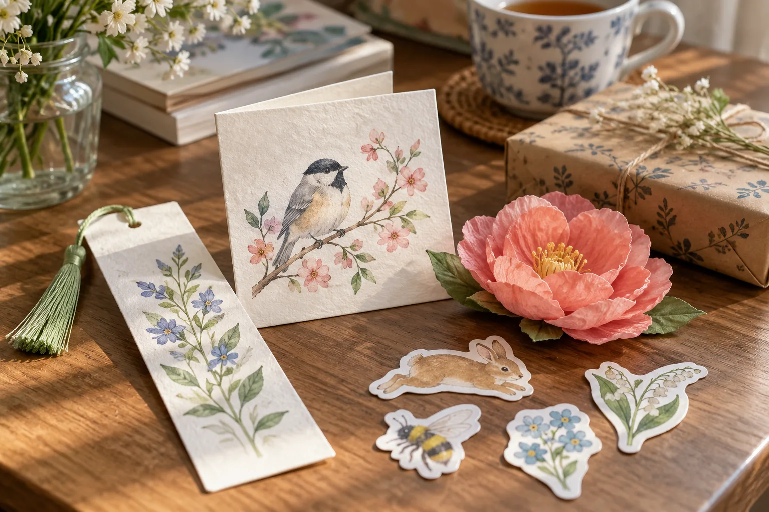 Small handmade paper surprise gifts: folded bookmark, mini original illustrated card, paper flower and sticker-shaped paper drawings, cheerful tabletop