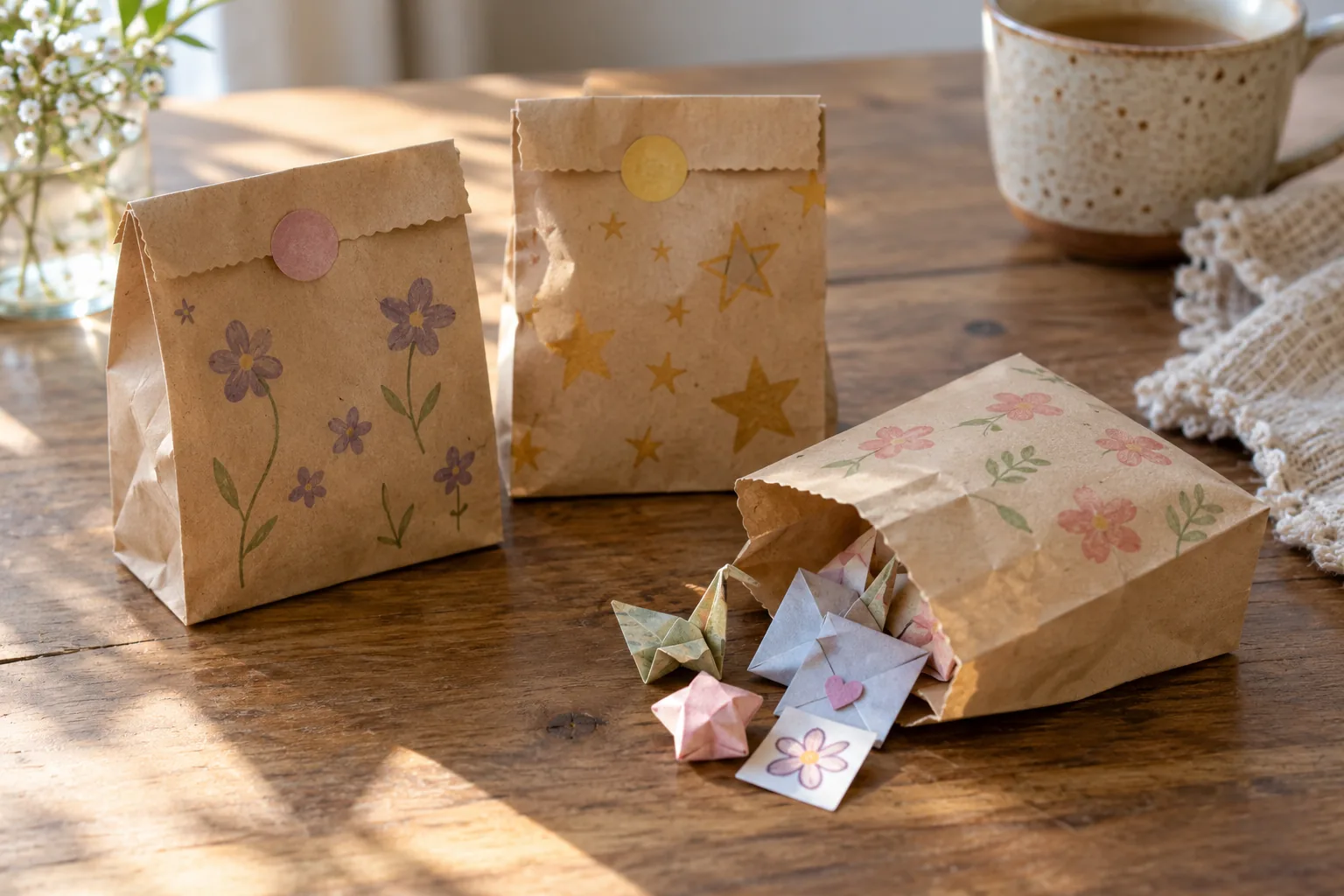 Three handmade sealed small paper blind bags with simple hand drawn star and flower motifs, one opened bag revealing tiny original paper gifts