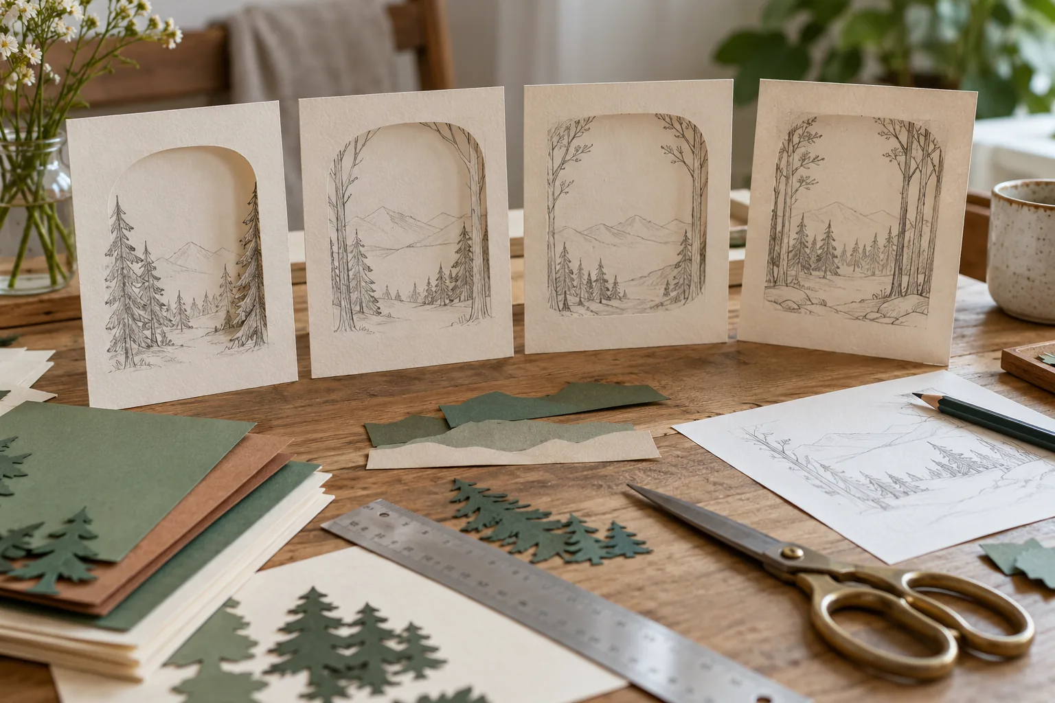 Four sturdy card rectangles with broad sketched window openings and a simple forest background sketch, ruler and scissors, paper layering planning