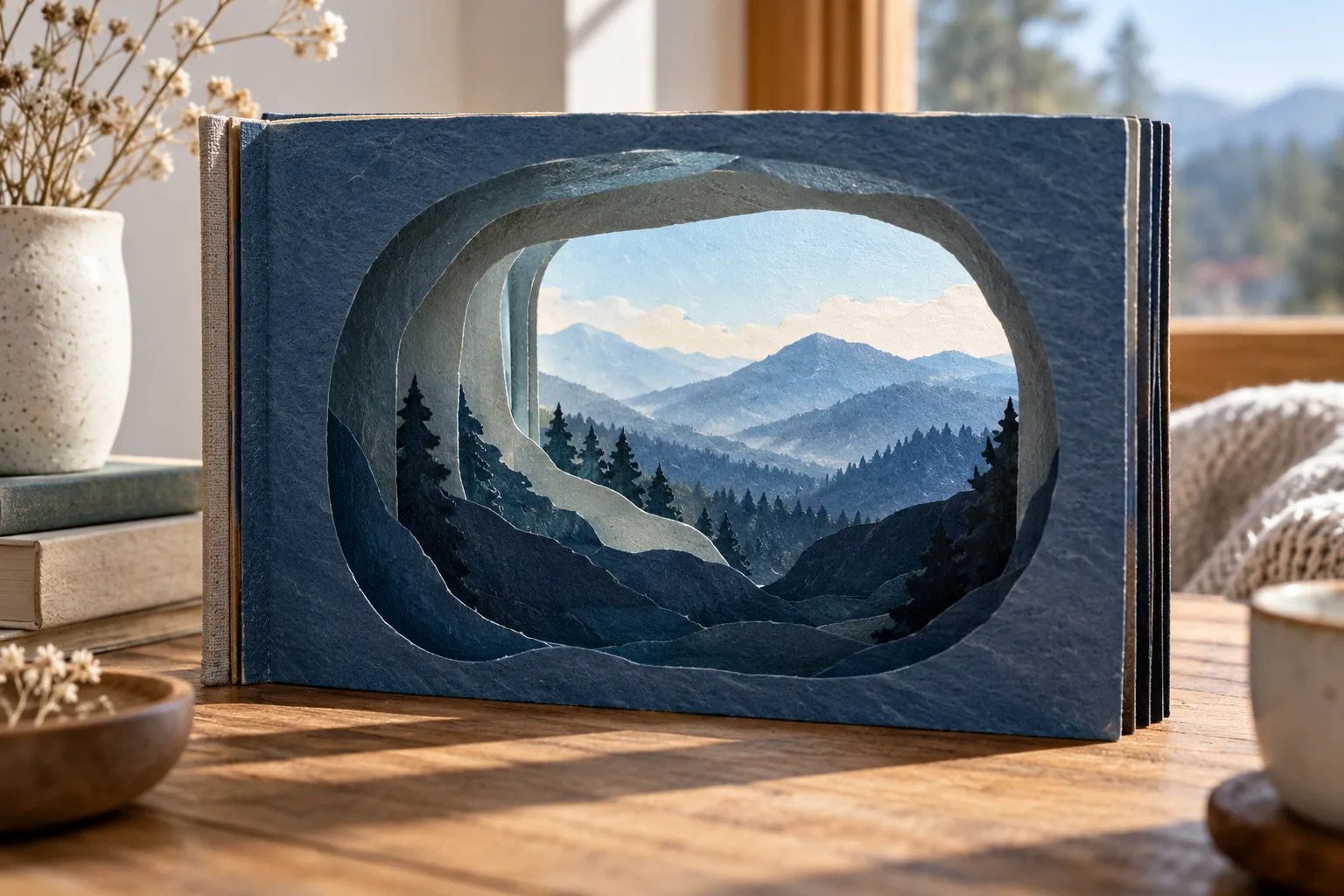 A handmade paper tunnel book showing layered blue mountain ridges and a pale sky through broad rounded openings, clean paper texture