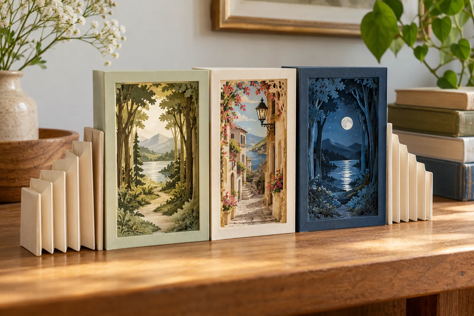 Three finished layered paper tunnel scenes with visible accordion side supports on a wooden craft table