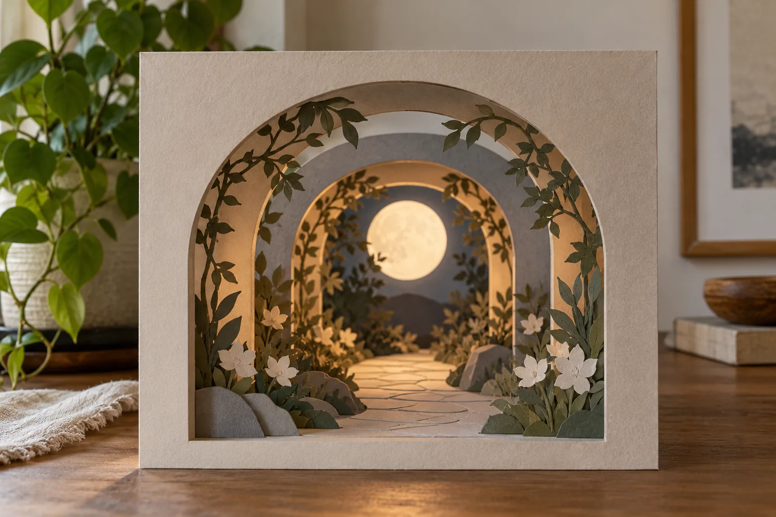 Finished simple paper moon garden tunnel with broad frame borders, three sturdy layers and clearly visible pale moon, front angle shows aligned frame openings